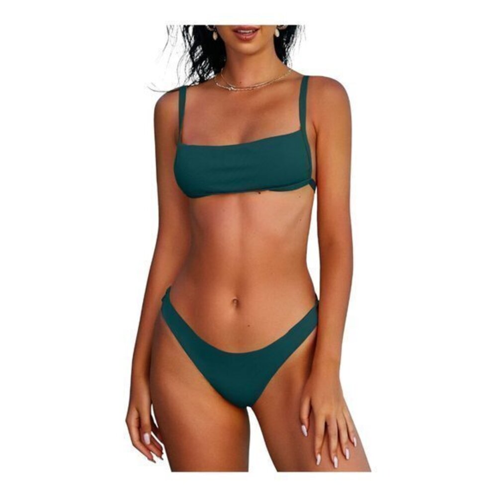 Teal Ribbed Two PC Square Neck Low Rise Bikini Cheeky Swimsuit Size 4 NWT #2292